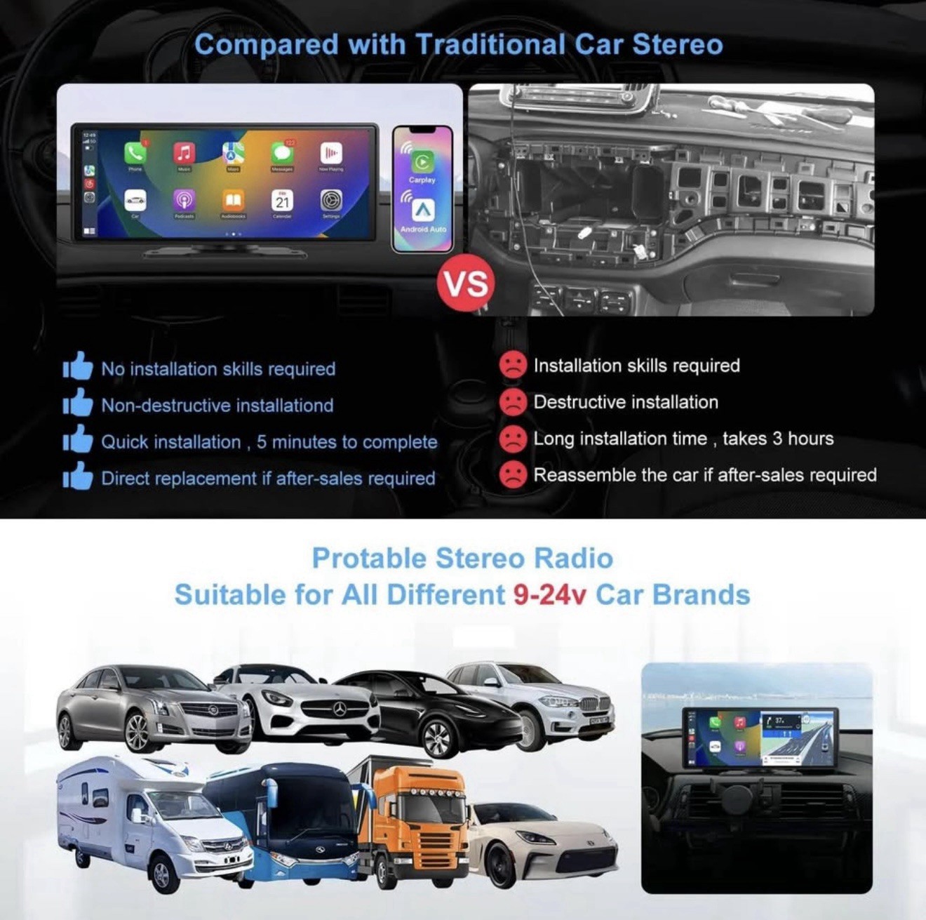 10.26 inch Wireless CarPlay Android Auto Screen Portable Car Stereo 4K Dash Cam