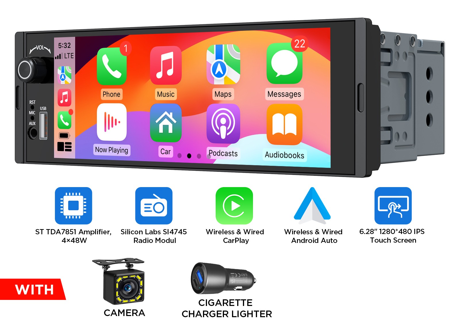 6.28″ IPS Android Auto Car Stereo Head Unit Wireless CarPlay GPS Single 1DIN RDS