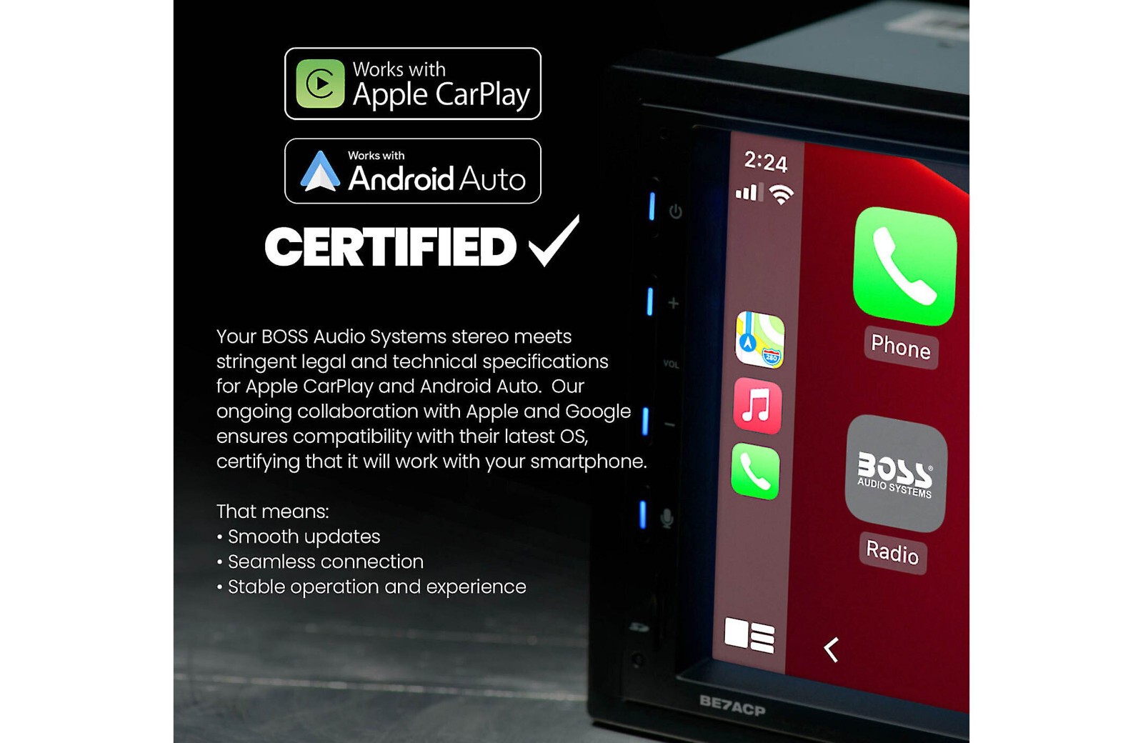BOSS BE14ACP.WX 1-DIN 14″ Receiver Wireless Apple Carplay/Android Auto SiriusXM