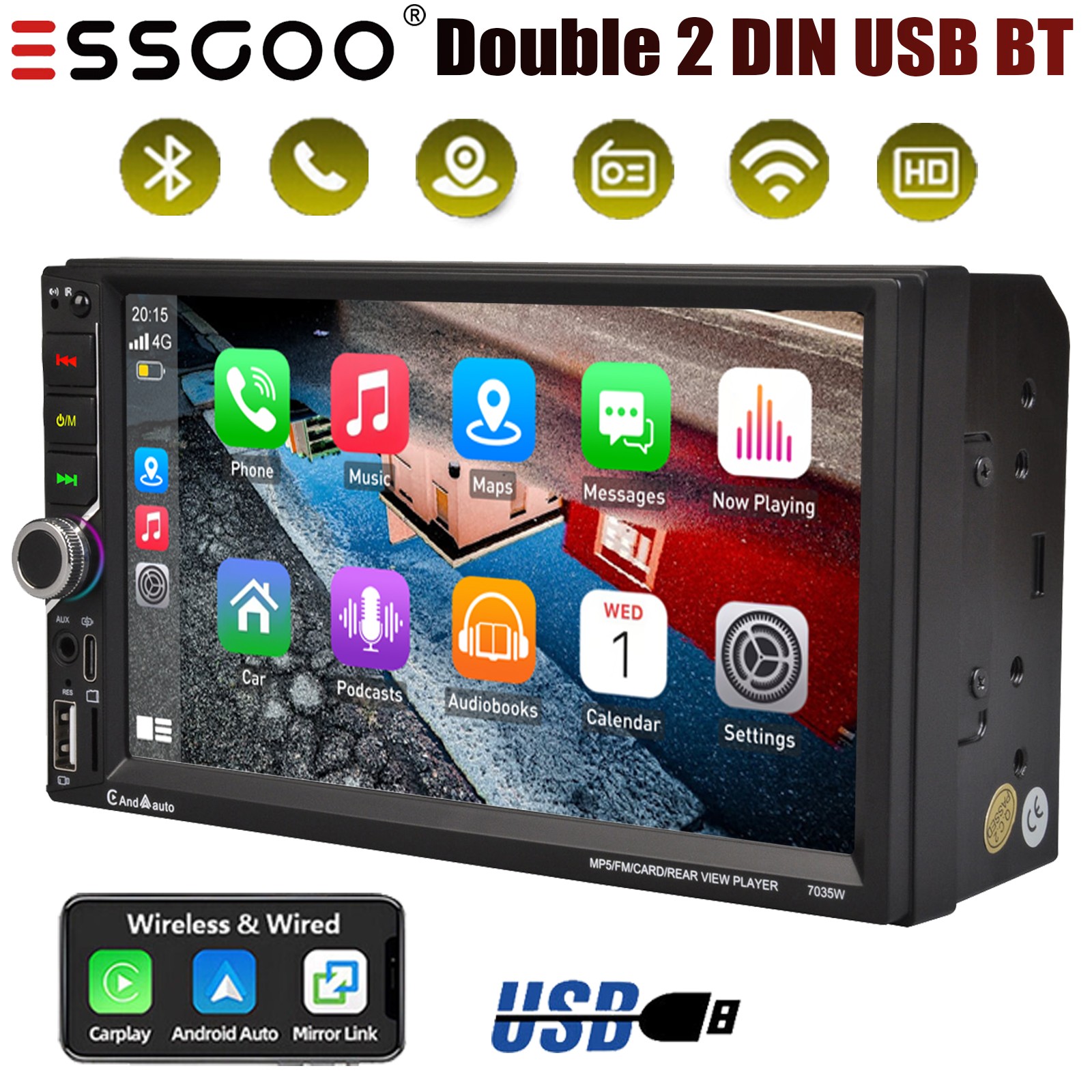 Double 2 Din 7″Car Stereo Apple CarPlay/Android Auto Head Unit USB FM AUX Type-C