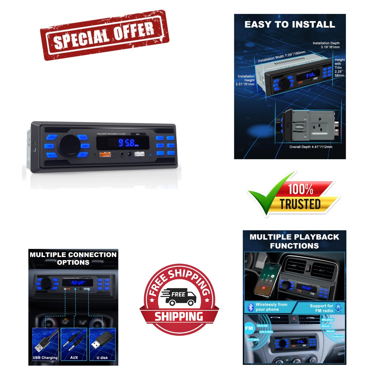 Advanced Single DIN Car Audio System: Bluetooth, USB Charging & Hands-Free