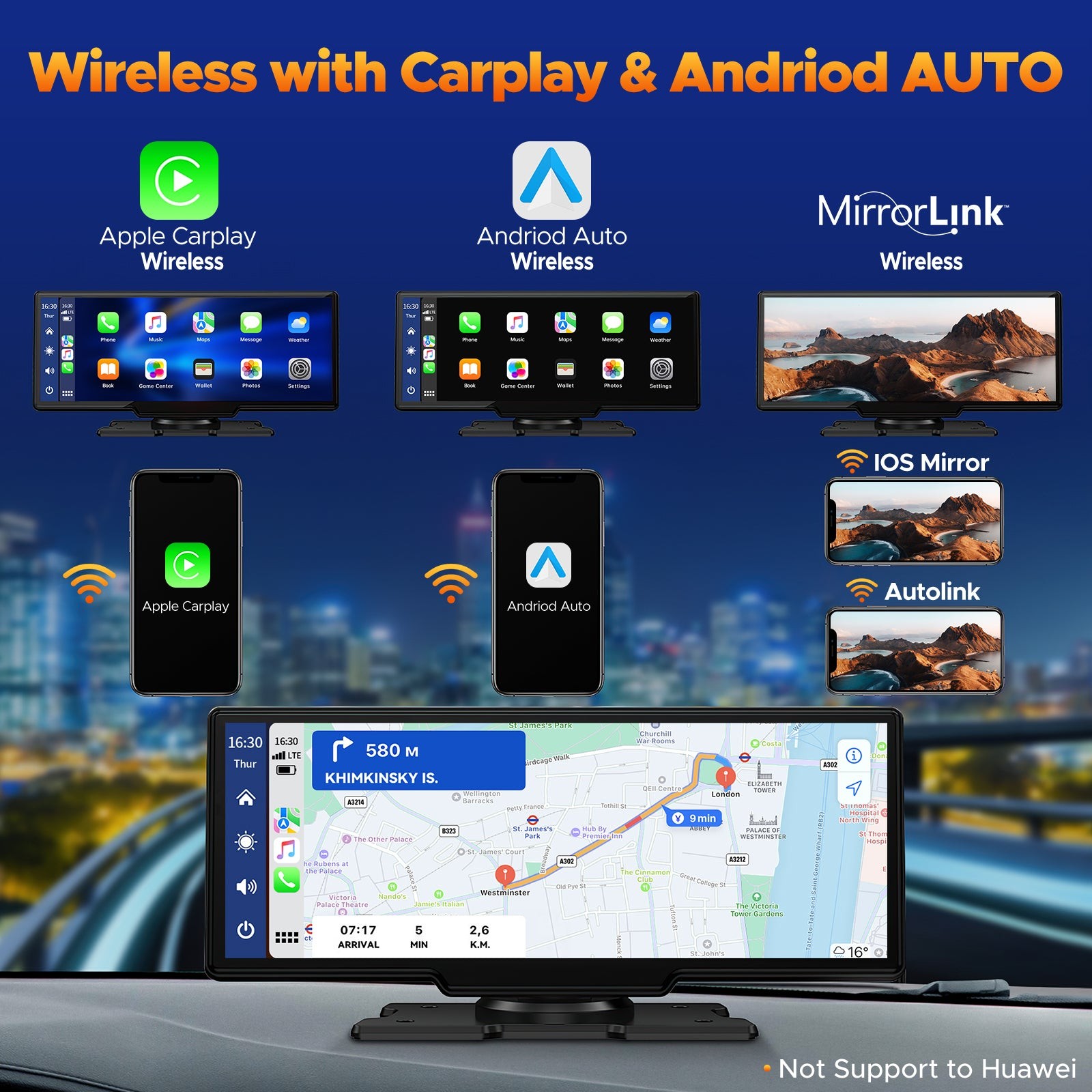 Universal Wireless Apple Carplay Portable Car Stereo Android Auto 2.5K Dash Cam
