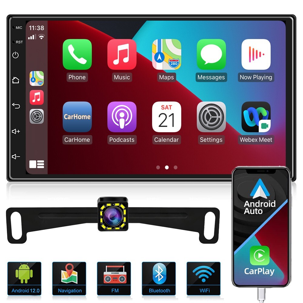 7″ Double Din Android 12 Car Stereo Apple CarPlay GPS WiFi Play MP5 Radio+Camera