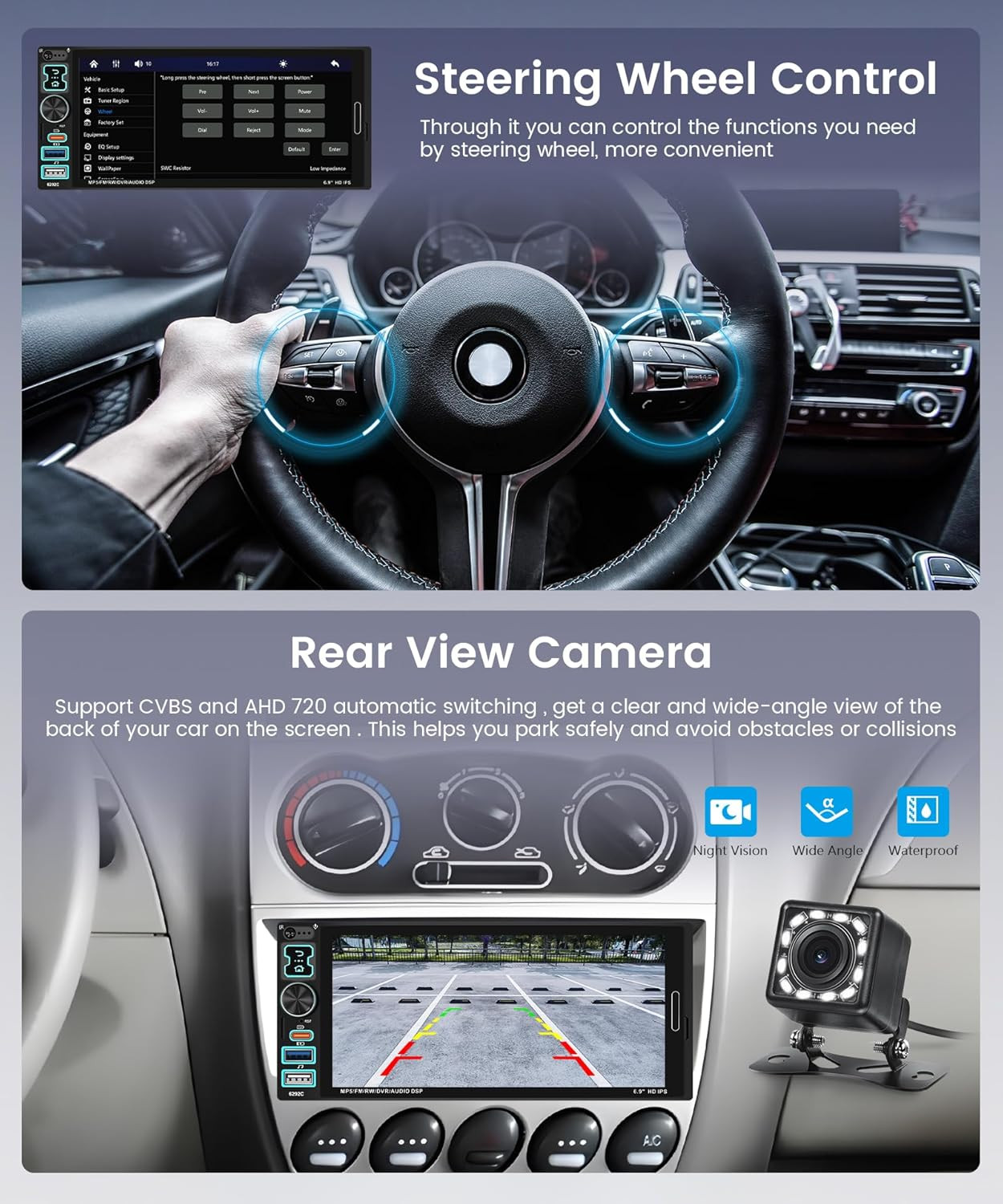 Car Stereo Single Din Carplay Android Auto, 1 Din Car Radio Bluetooth 5.2, 6.9″