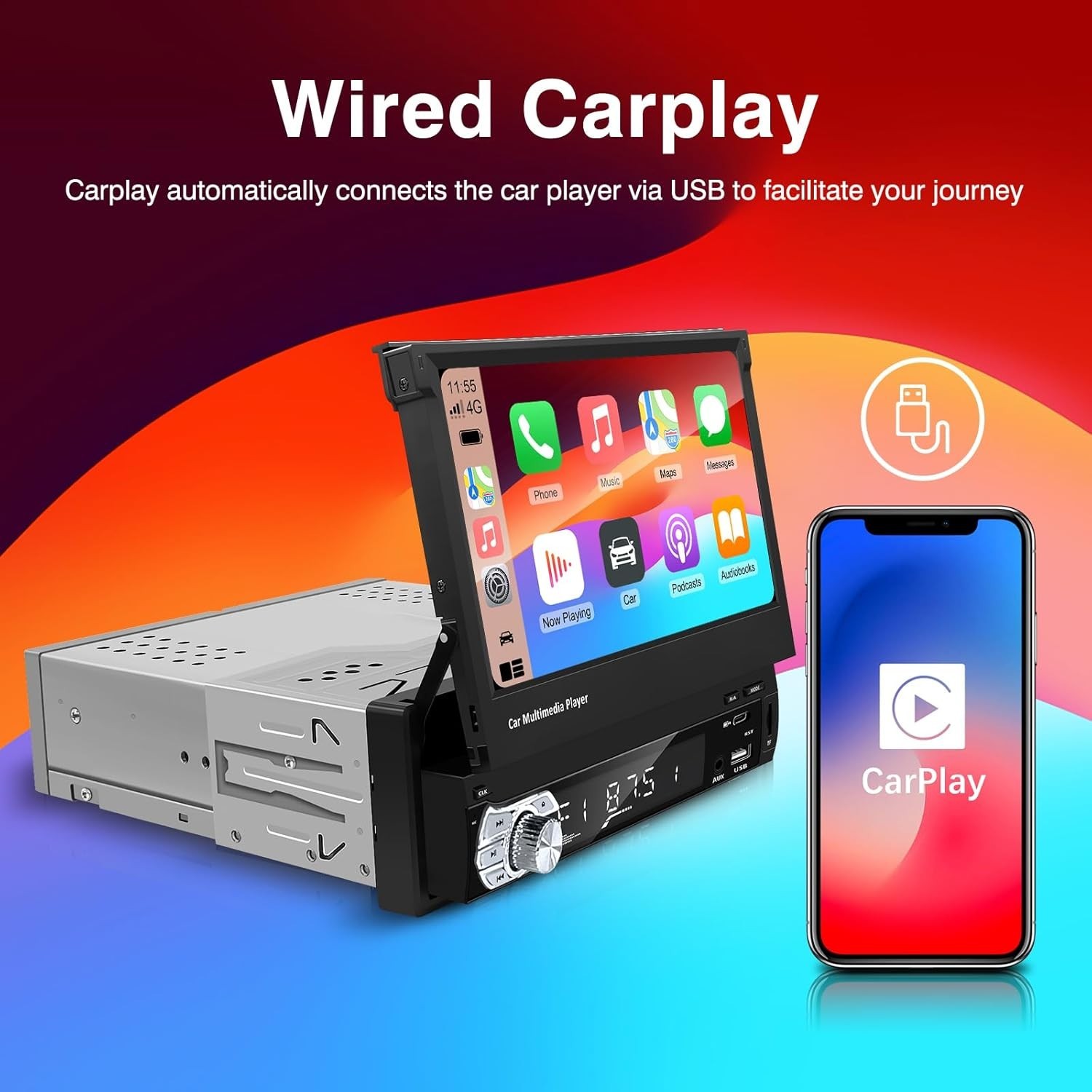 Type-C&USB Single-Din-Carplay& Android-Auto-Car-Radio 7-inch Flip Out Touchsc…