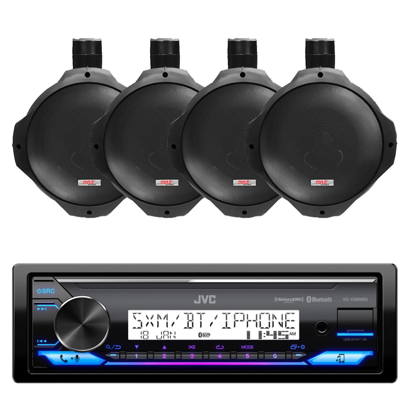 JVC Marine USB Bluetooth Receiver, 4x 6.5″ 200W Wakeboard Tower Black Speakers