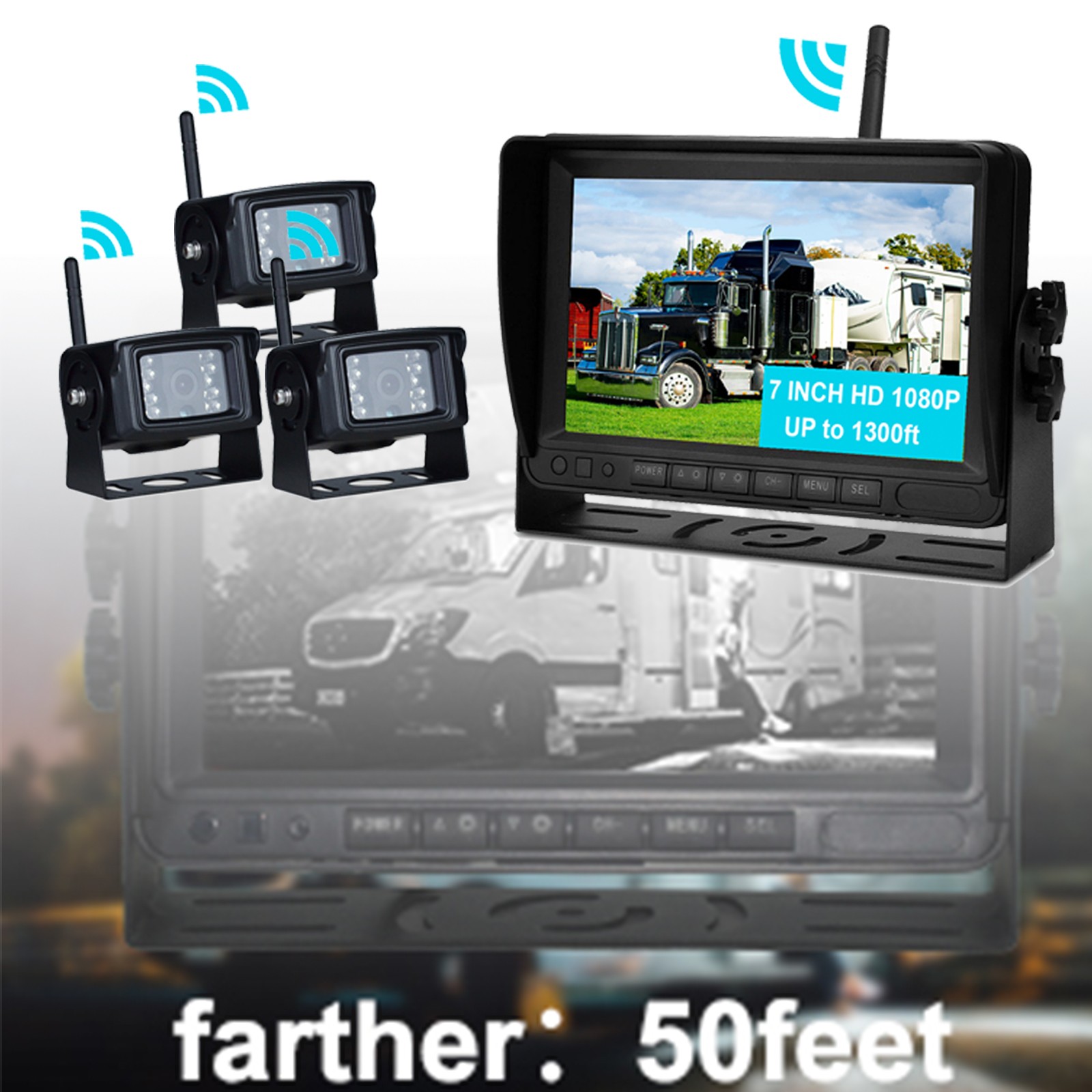 7″ Display Wireless AHD 1080P 3CH Rear View Backup Camera Kit for Truck Trailer