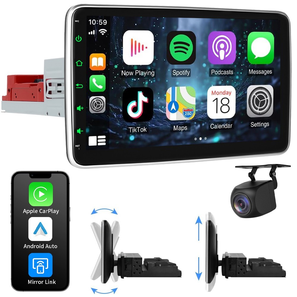 Single DIN Car Stereo Wireless Carplay Android Auto GPS Rotatable Screen USB SWC