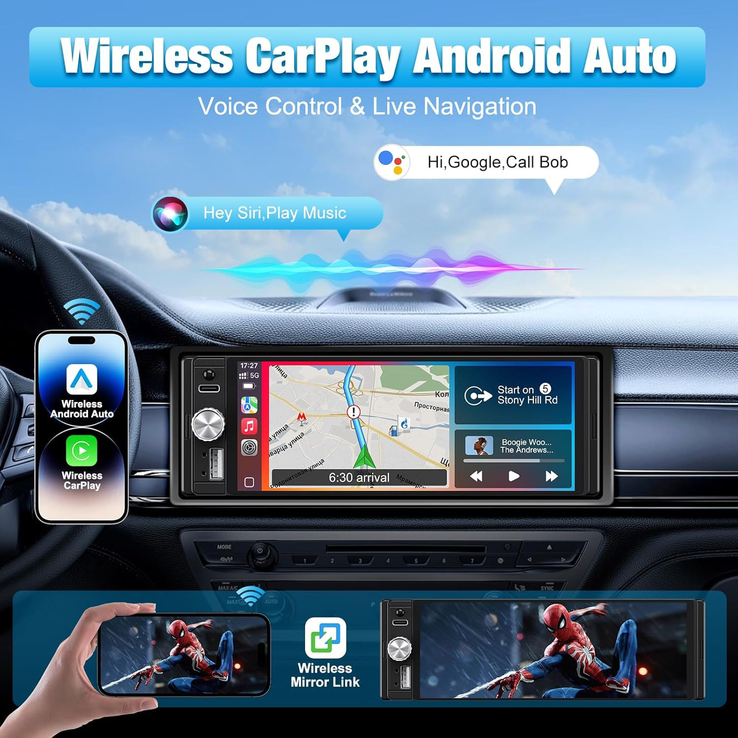 Single Din Radio Car Stereo with Apple Carplay & Android Auto, 6.28 Inch HD Touc