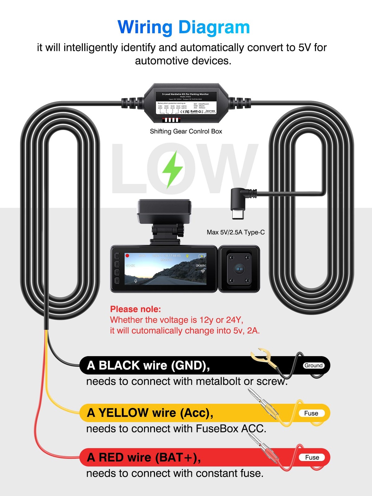 Fiteye Dash Cam Hardwire Kit, 11.5ft Type C USB Port Converts 12V-24V to 5V, Das