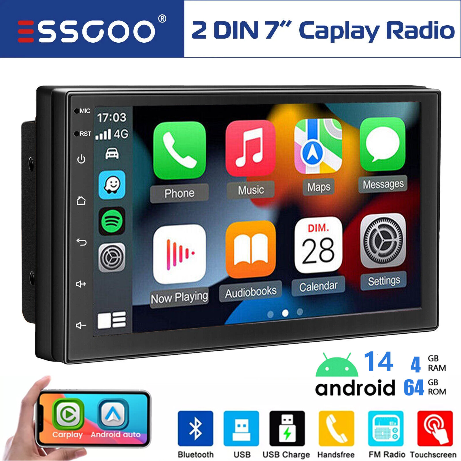 Double 2DIN 7″ CarPlay Car Stereo Radio Head Unit Android 14 4G+64G GPS NAVI SAT