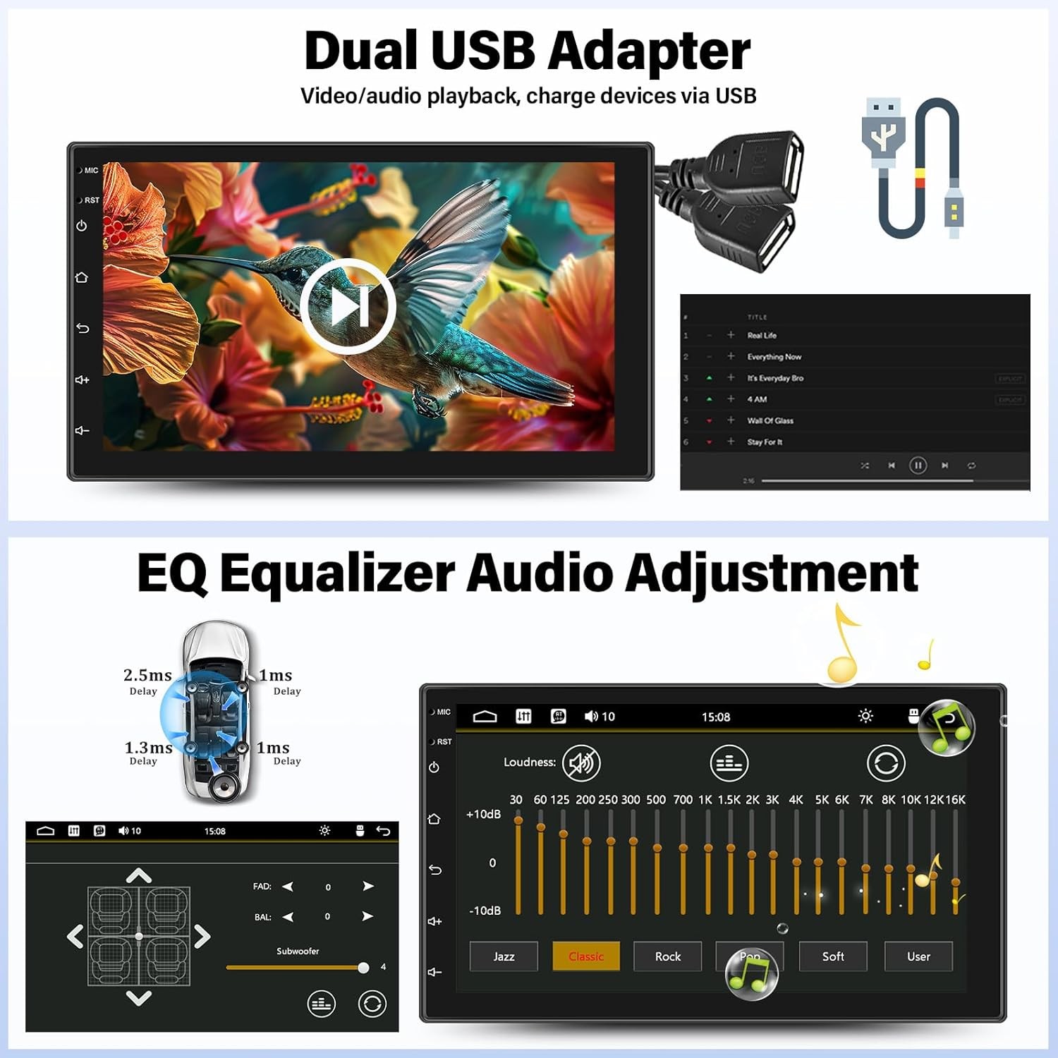 Double 2 Din Car Apple/Andriod Car Play Touch Screen Stereo Bluetooth Radio SWC