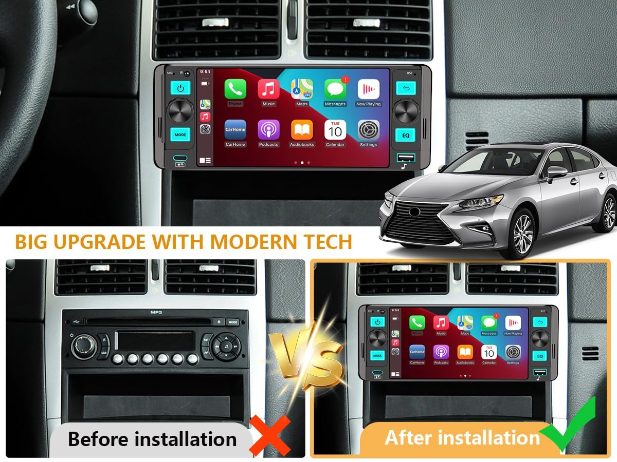 Single Din Car Stereo – Dual Knob Touchscreen Radio with Wireless Apple CarPl…