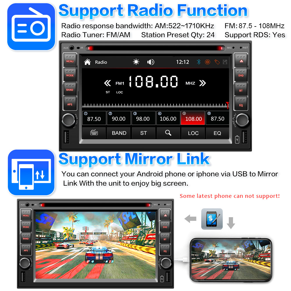 Apple Carplay Navi Car Stereo Radio DVD CD Player For standard Double Din camera
