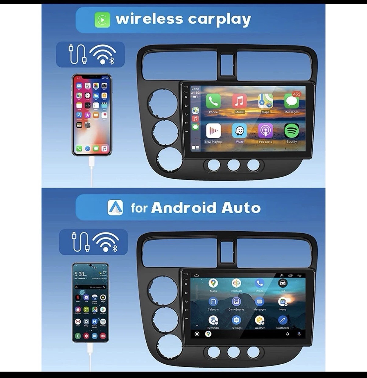 For Honda Civic 2001-2005 Android Car Stereo Apple Carplay Radio GPS FM 9″