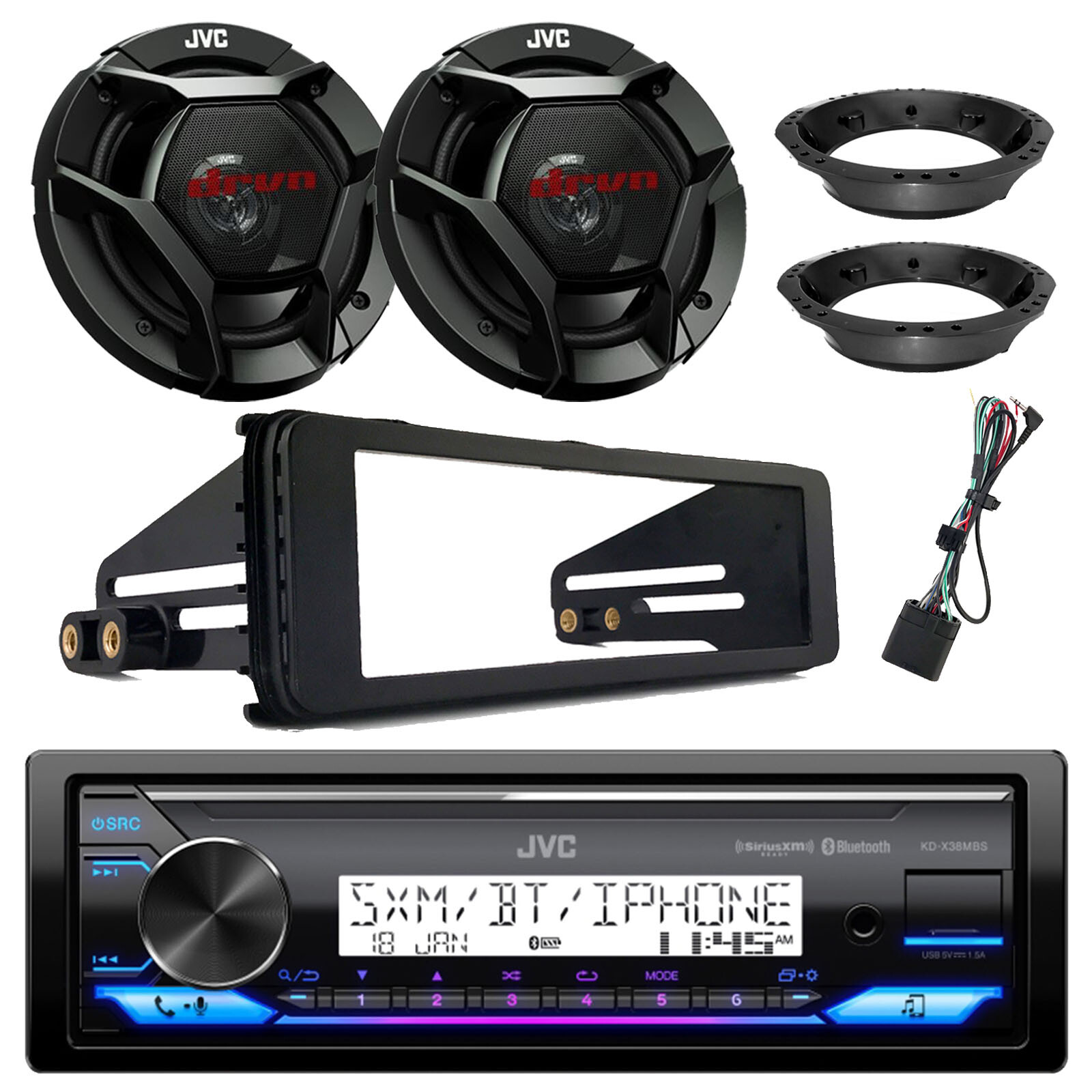 JVC Marine Stereo Receiver, 6.5″ Speakers (Pair) w/Adapters, Harley Install Kit