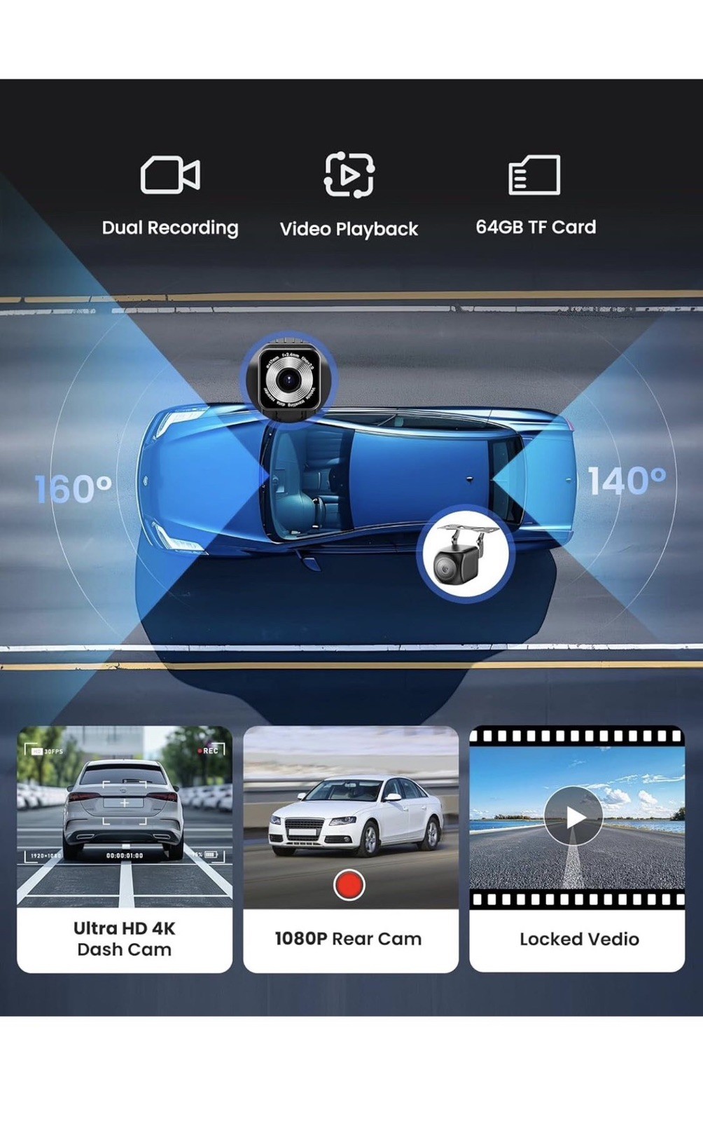 Carplay Screen for Car, 9″ Portable Wireless Carplay & Android Auto, 4K DashCam