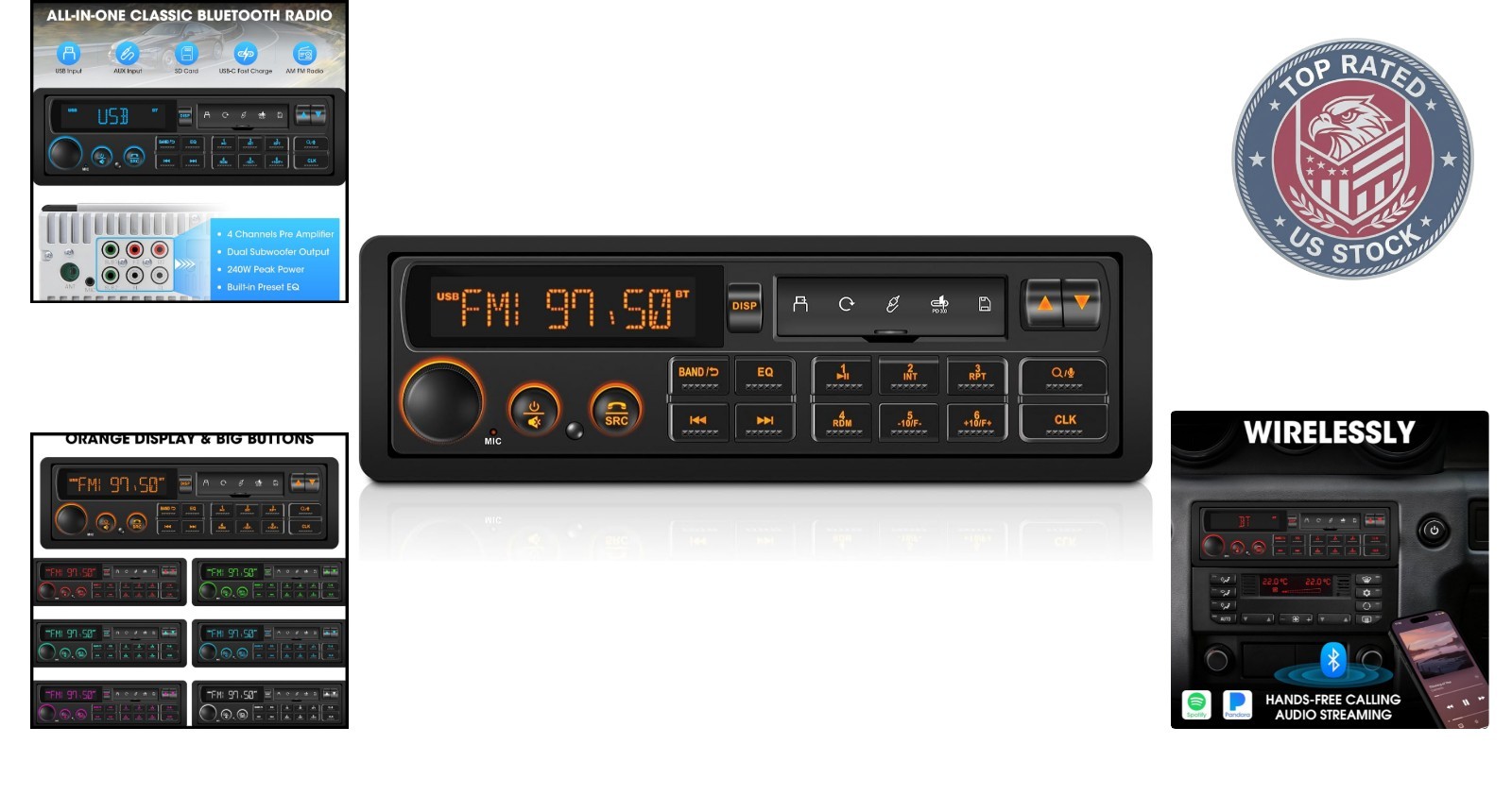 Classic Style Single Din Stereo with Bluetooth – 240W Output & Steering Control