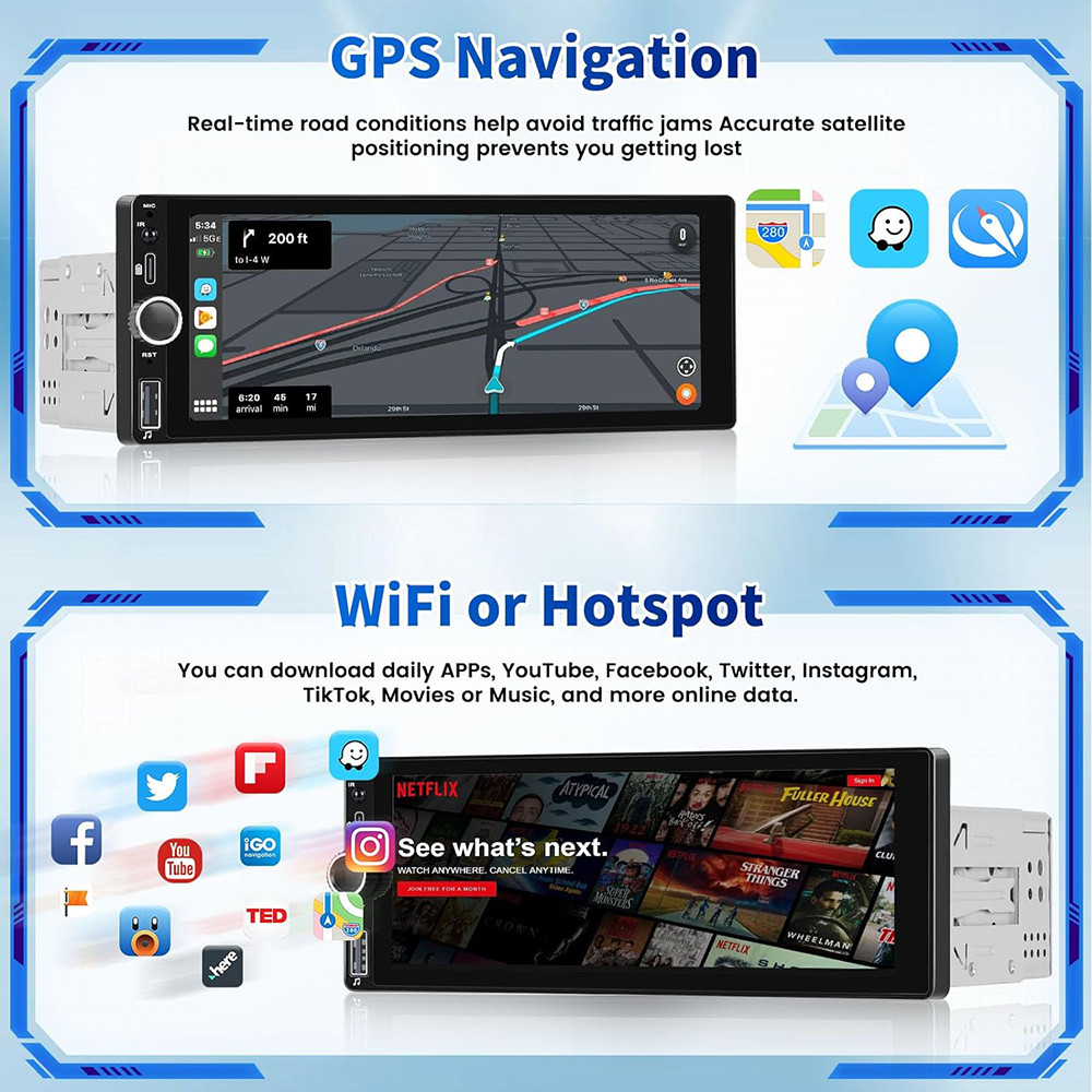 Android 13 Single 1 Din Car Stereo Wireless Apple Carplay/Android Auto Radio 64G