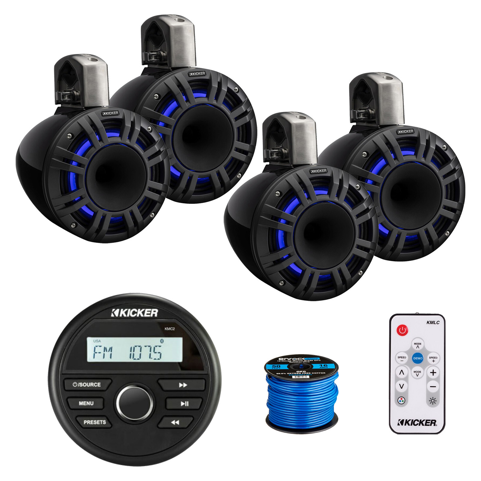 Kicker Marine Receiver, 4x 8″ 500W LED HLCD Black Speakers,Remote, Wire