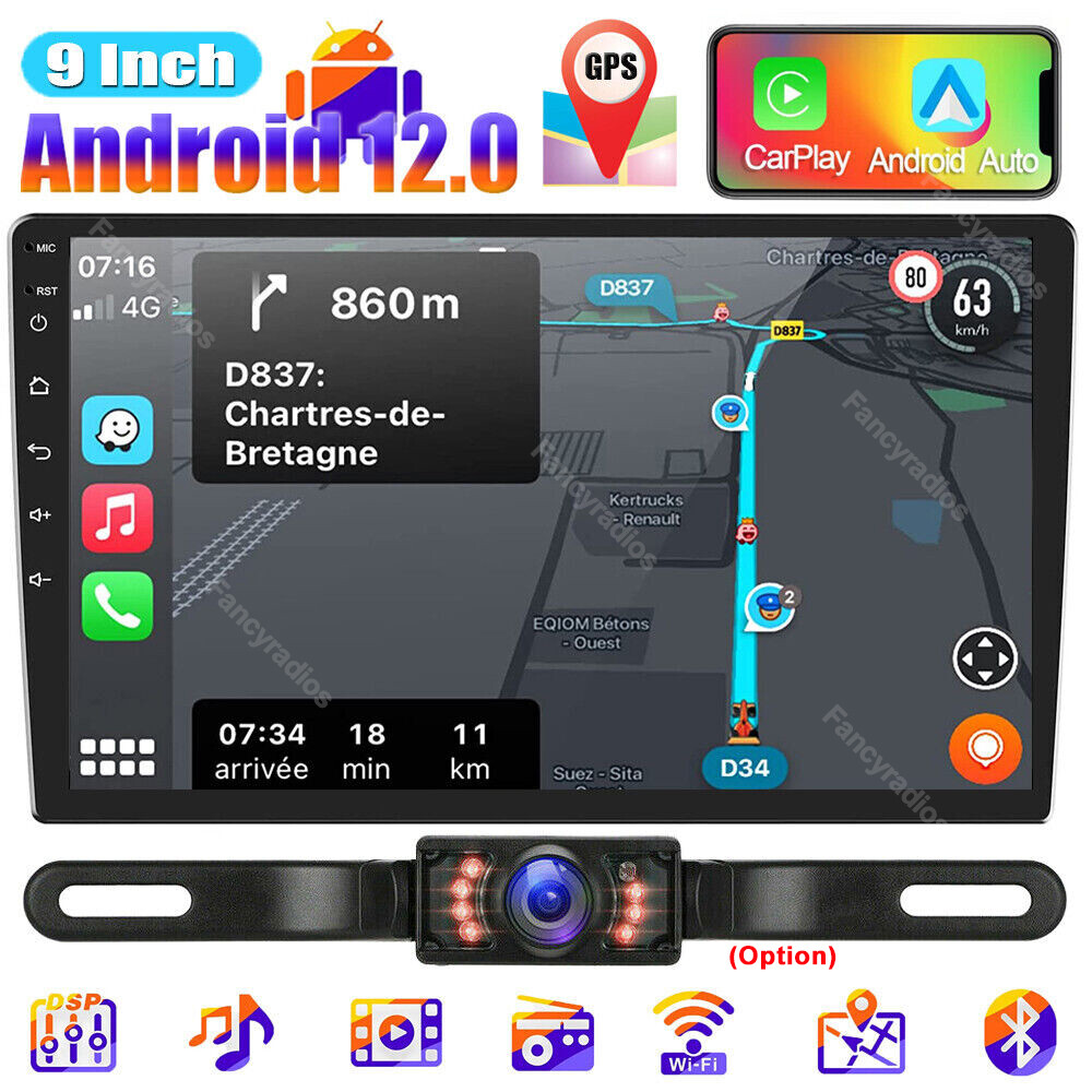 9″ 2Din Android 12 Car Stereo Apple Carplay Radio GPS Navi WiFi Touch FM Player
