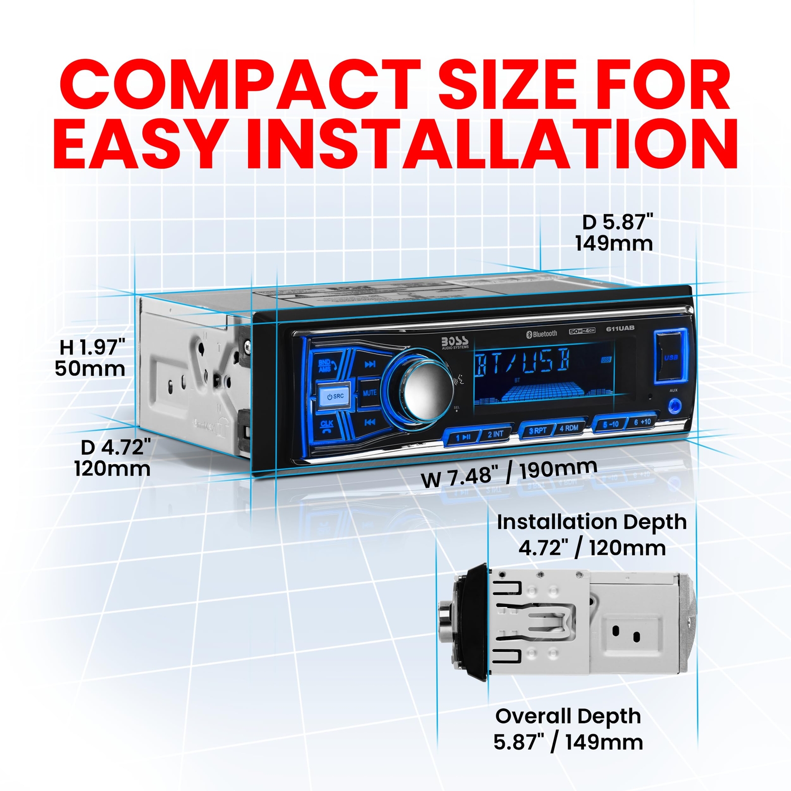BOSS Audio Single DIN Bluetooth Receiver USB Aux AM FM Radio 50W x 4 Channels