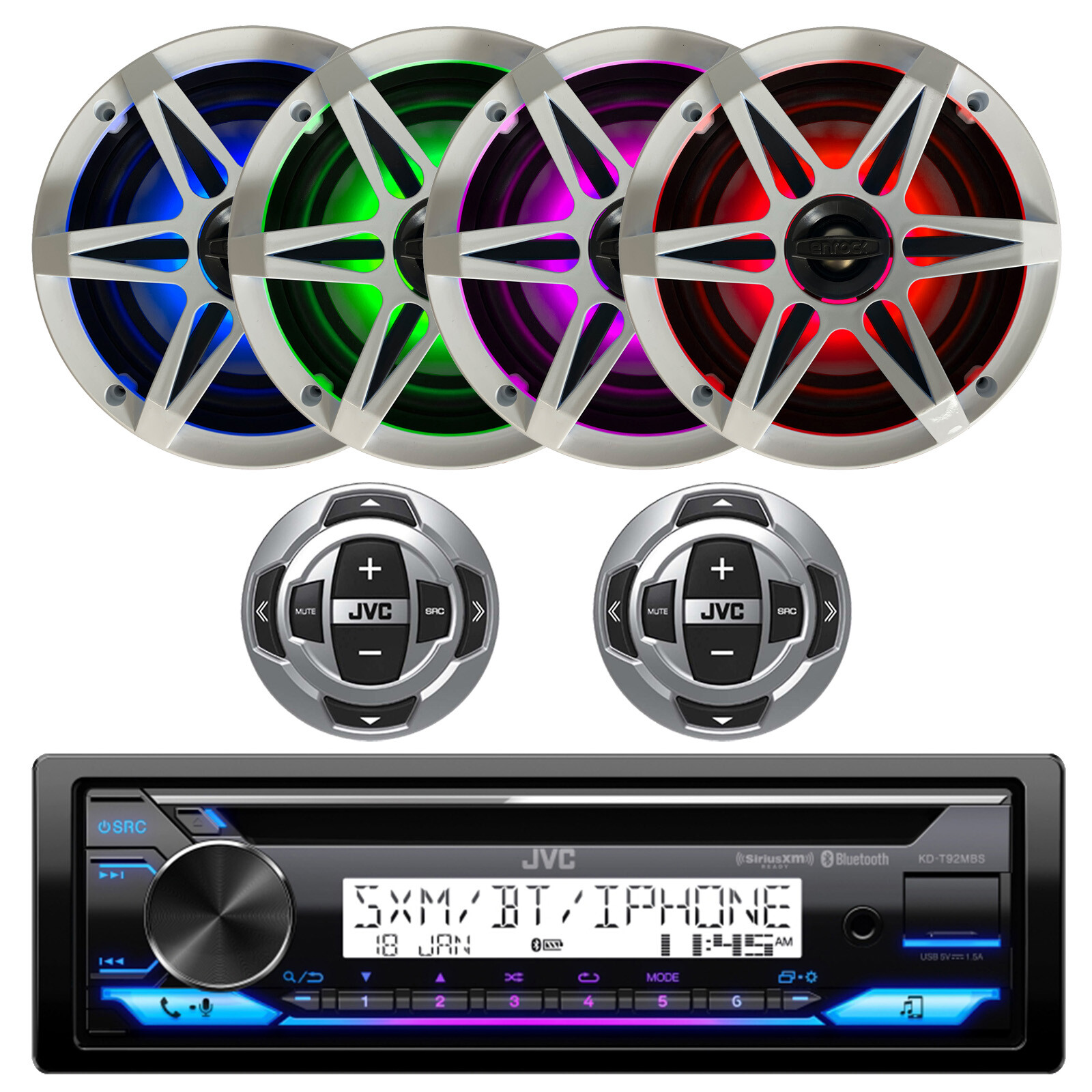 JVC Marine Bluetooth CD Receiver, 4x 6.5″ LED Speakers, Grilles, 2x Wired Remote