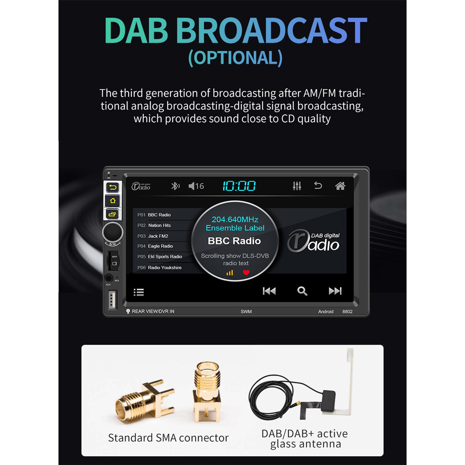 Car Radio 7 inch Android 10.1 Bluetooth WIFI Steering Wheel w/ S-8802C 2-Din
