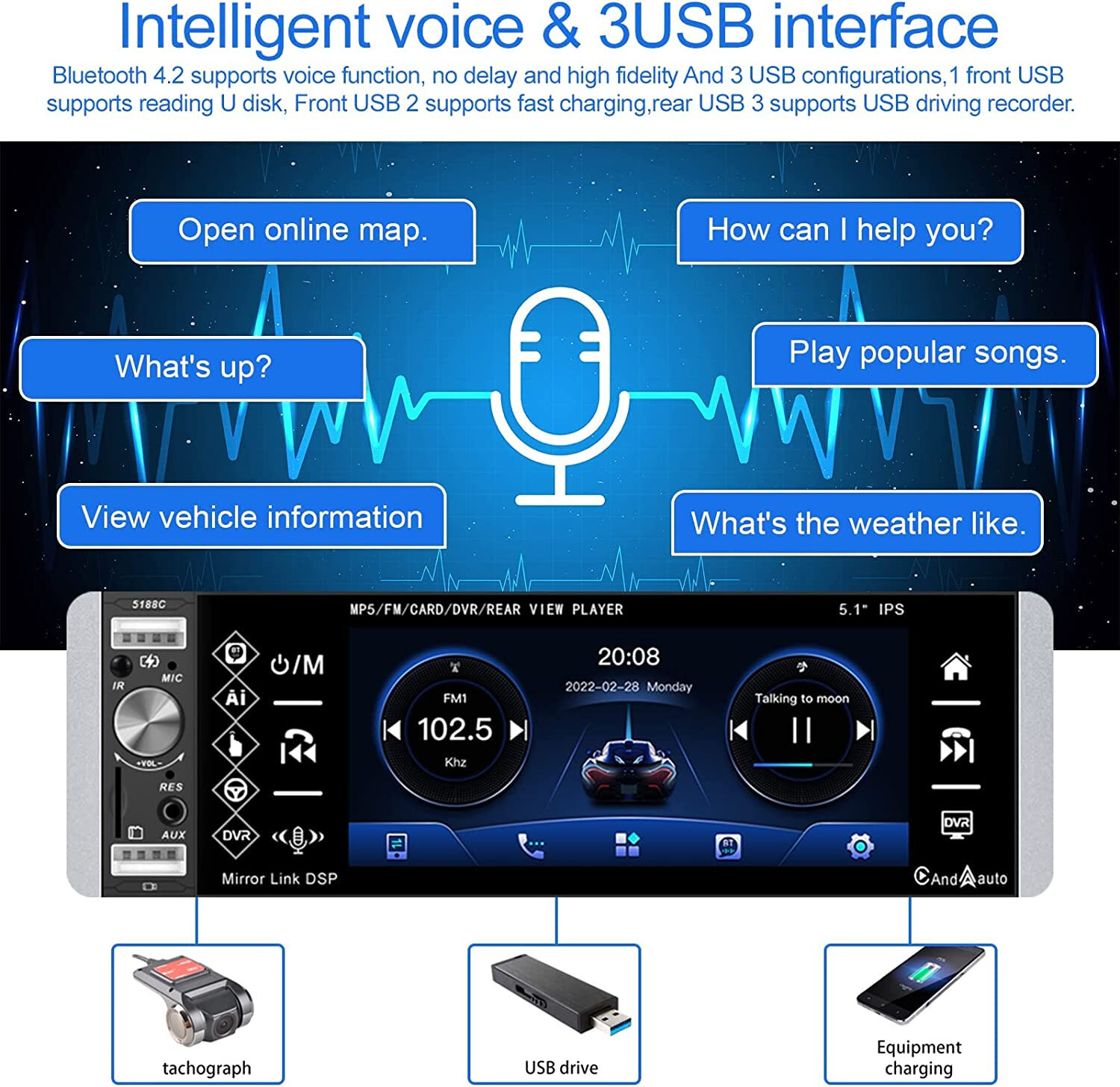 Single Din Car Stereo with Carplay Android Auto 5.1″ IPS Bluetooth Touch Screen