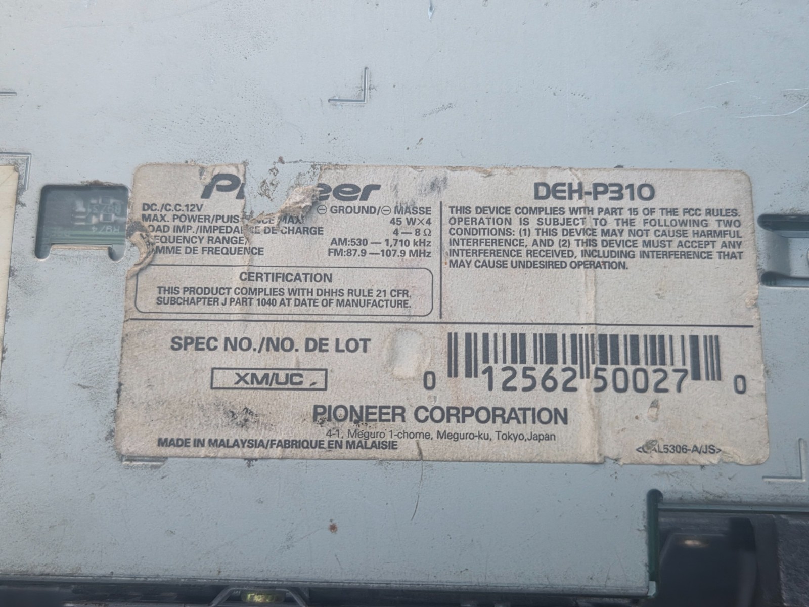 Pioneer Premier DEH-P310 Car Stereo CD Player In-Dash Receiver – Untested, PARTS