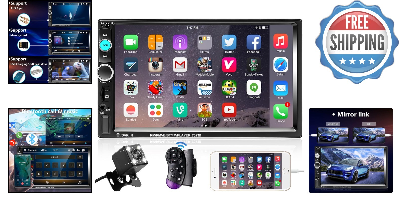 Multimedia Double Din Stereo: 7 Inch Touchscreen, Bluetooth & Phone Link Support