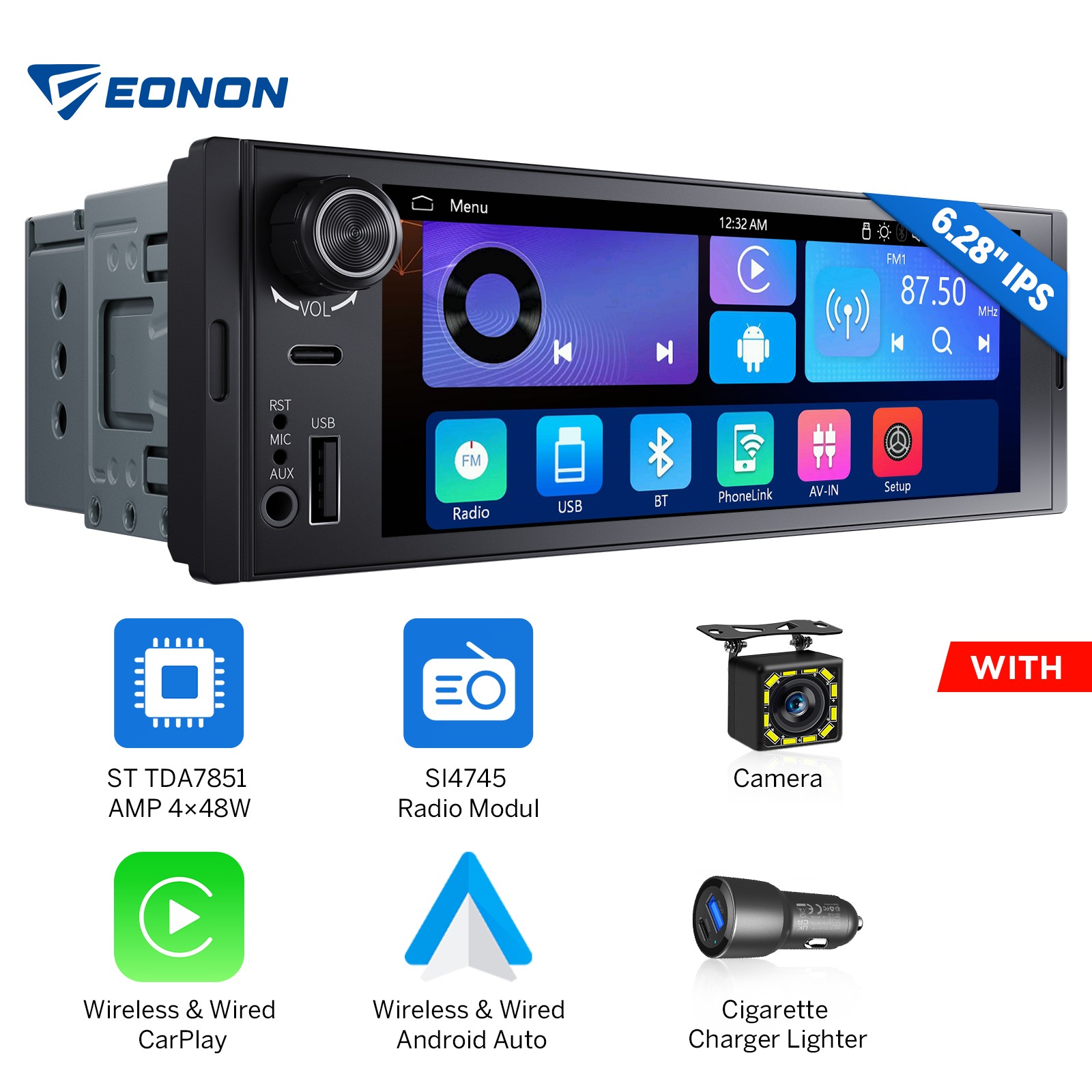 1 DIN 6.28″ IPS Android Auto Car Stereo Radio CarPlay GPS Navi USB-C AUX RDS SWC