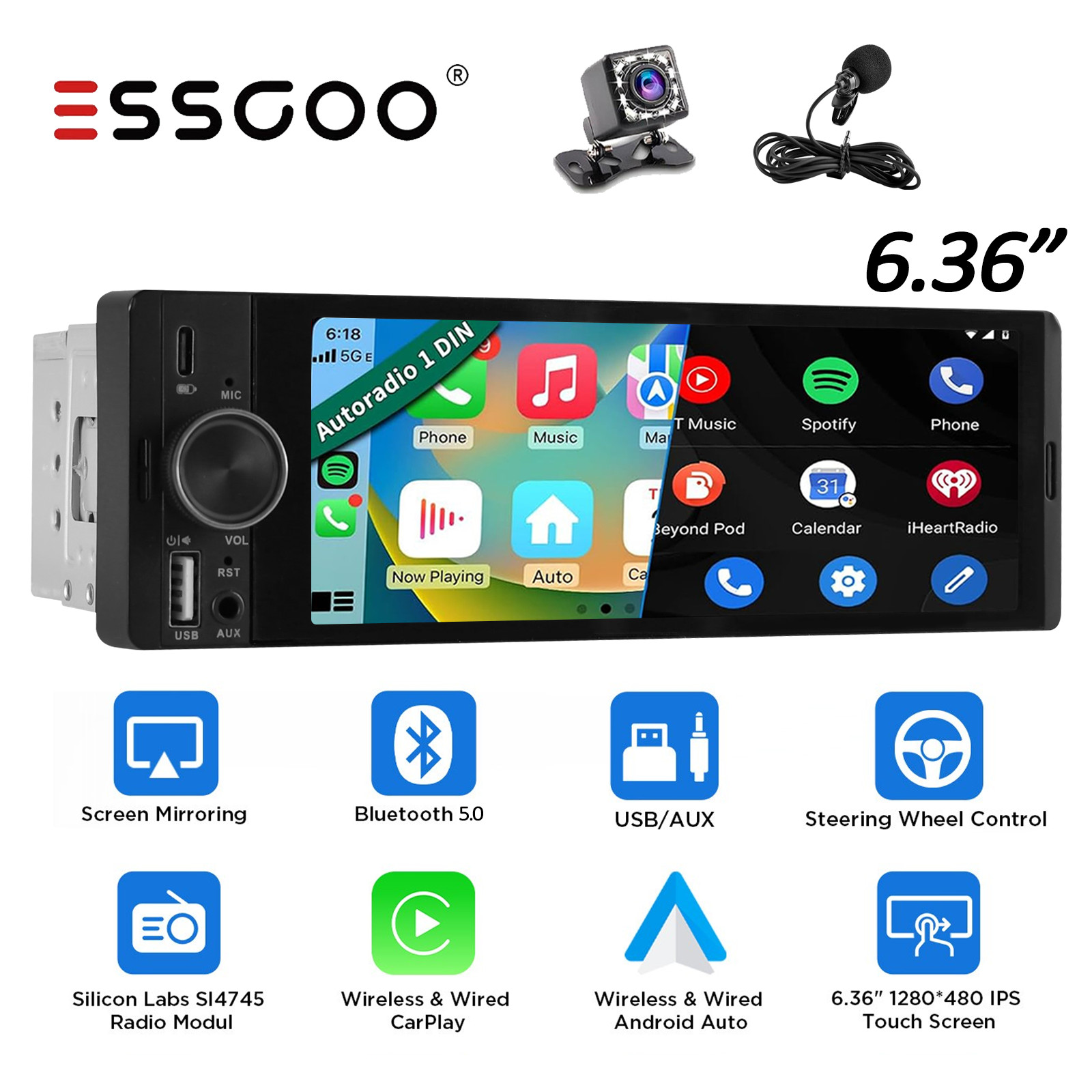 ESSGOO 6.36″ Single Din Car Stereo Wireless CarPlay Android Auto Radio Bluetooth