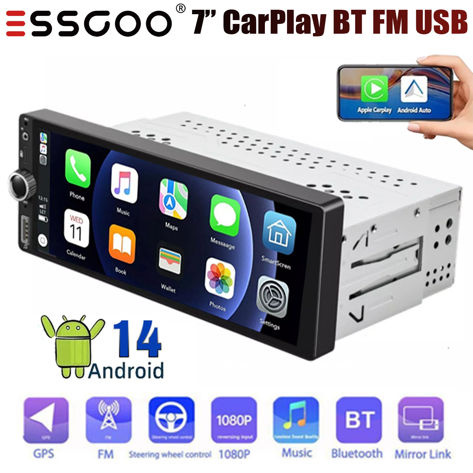 Single Din Android 14 Car Stereo Wireless Apple CarPlay 6.9″ Bluetooth Radio USB