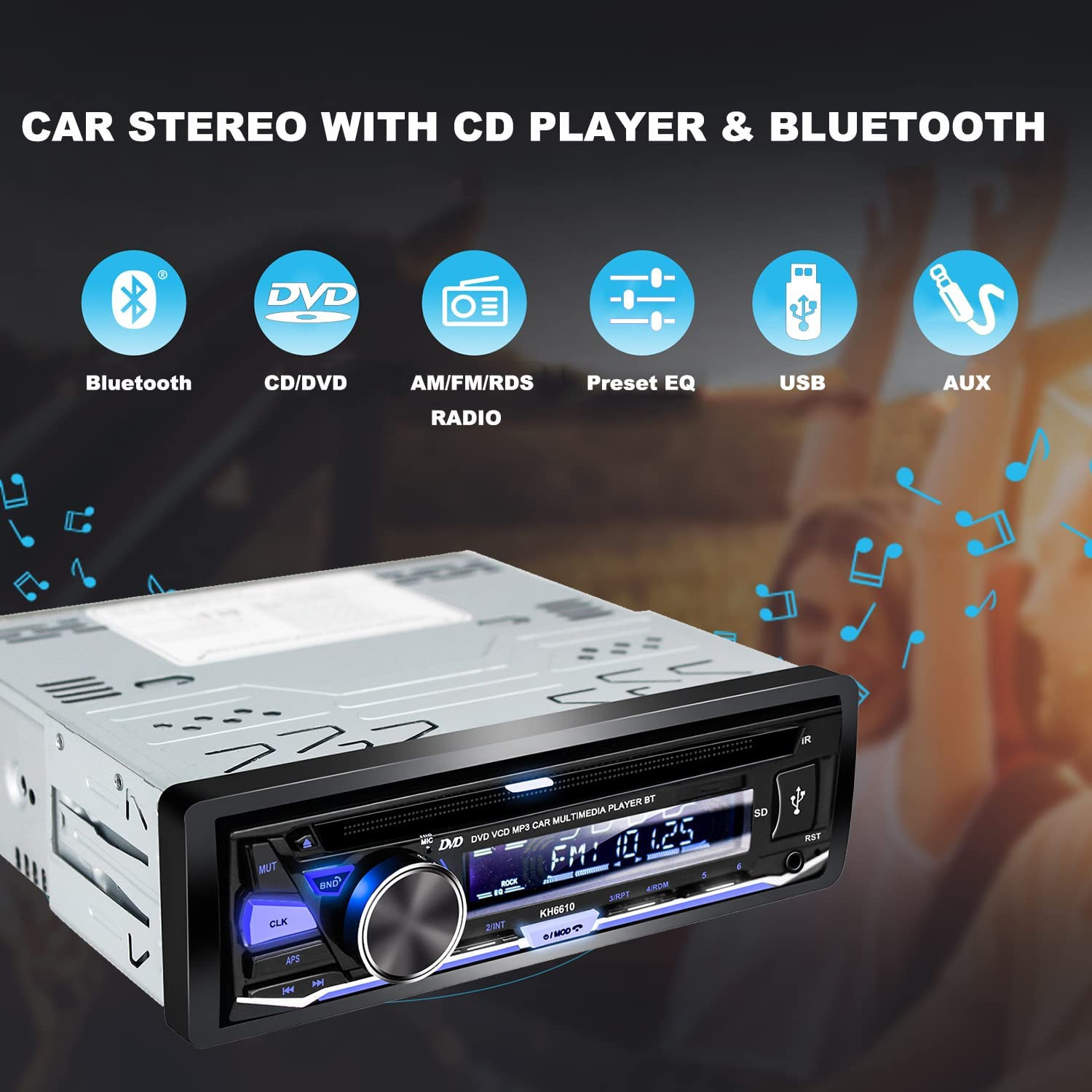 Single Din Car Stereo with CD/DVD Player | Bluetooth | FM/AM/RDS Radio | USB SD