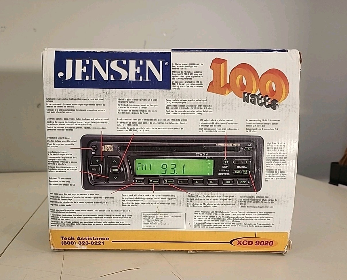 Jensen XCD 9020 Car AM/FM CD RECEIVER with Detachable Face Plate- New in Box