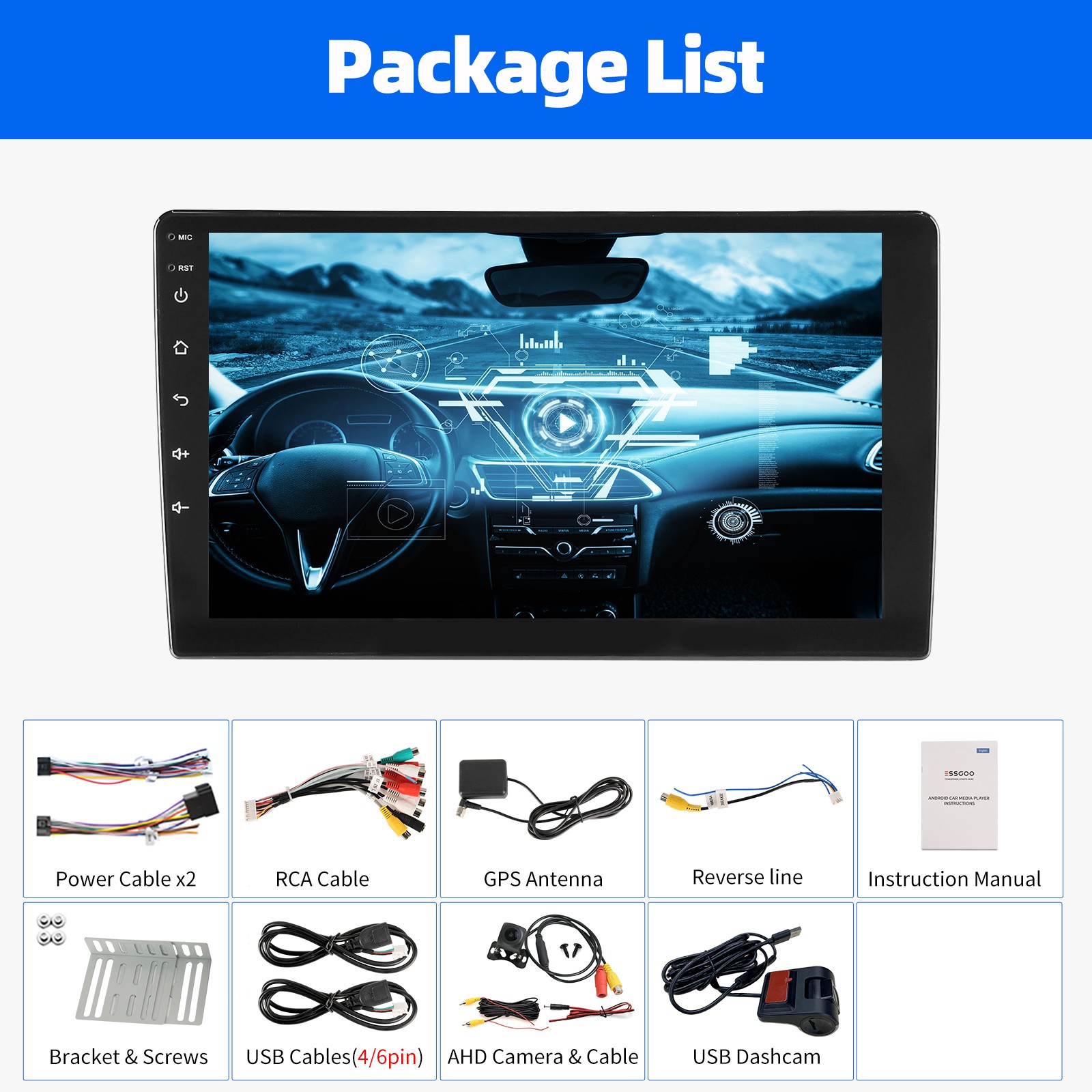 4+64G 9″ Double Din DVR+ Android 15 Car Stereo Radio Carplay Head Unit BT FM+AHD