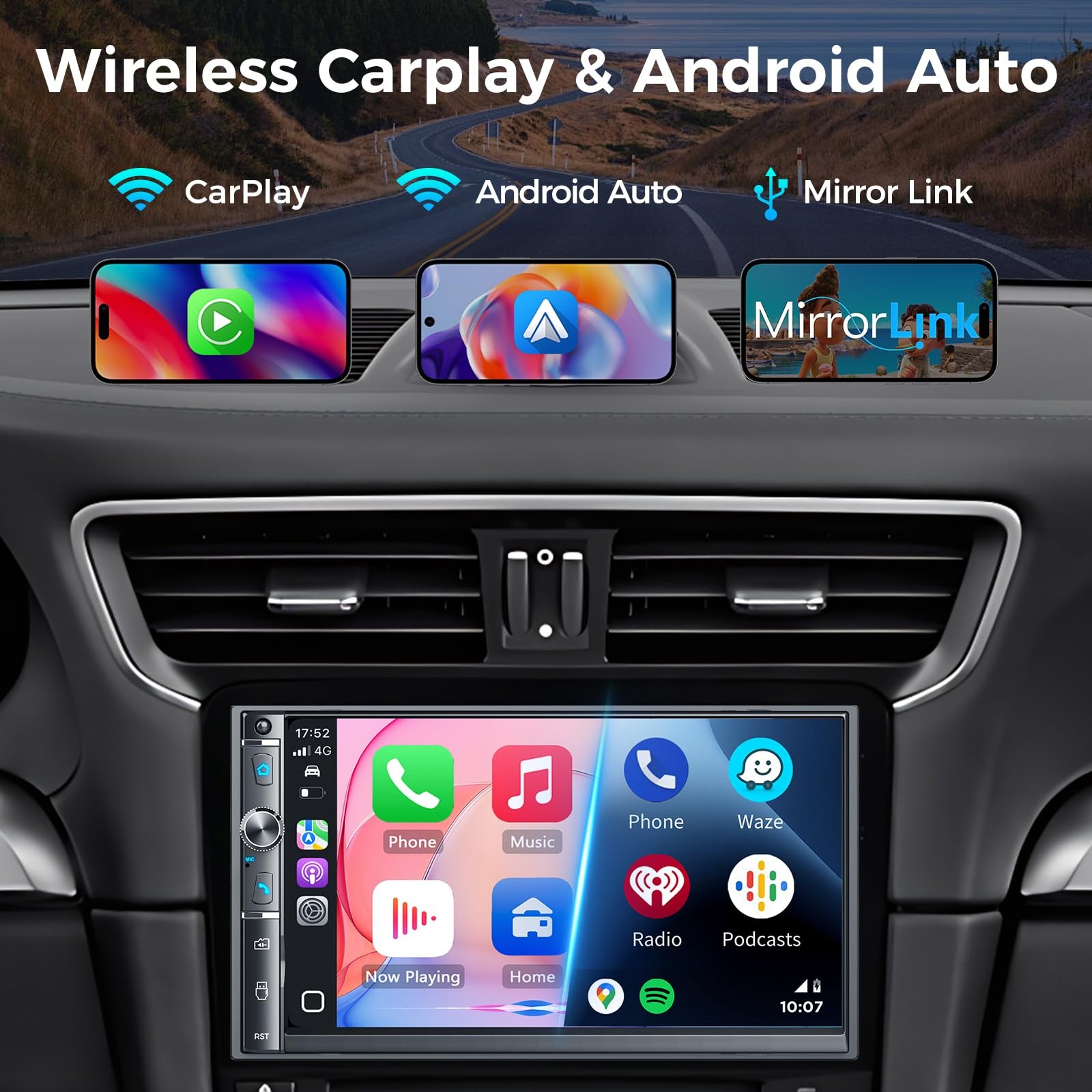 Kissound 7″ Double Din Car Stereo, Wireless Apple Carplay & Android Auto, HD …