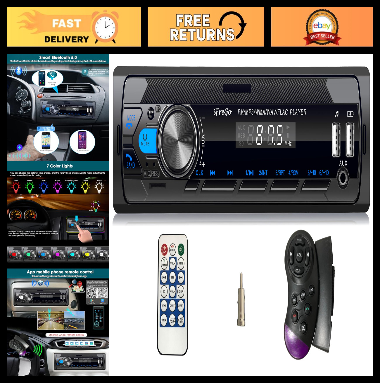 Single DIN Bluetooth Car Stereo – FM Radio, USB/SD/AUX, MP3 Player, Fast Charge,