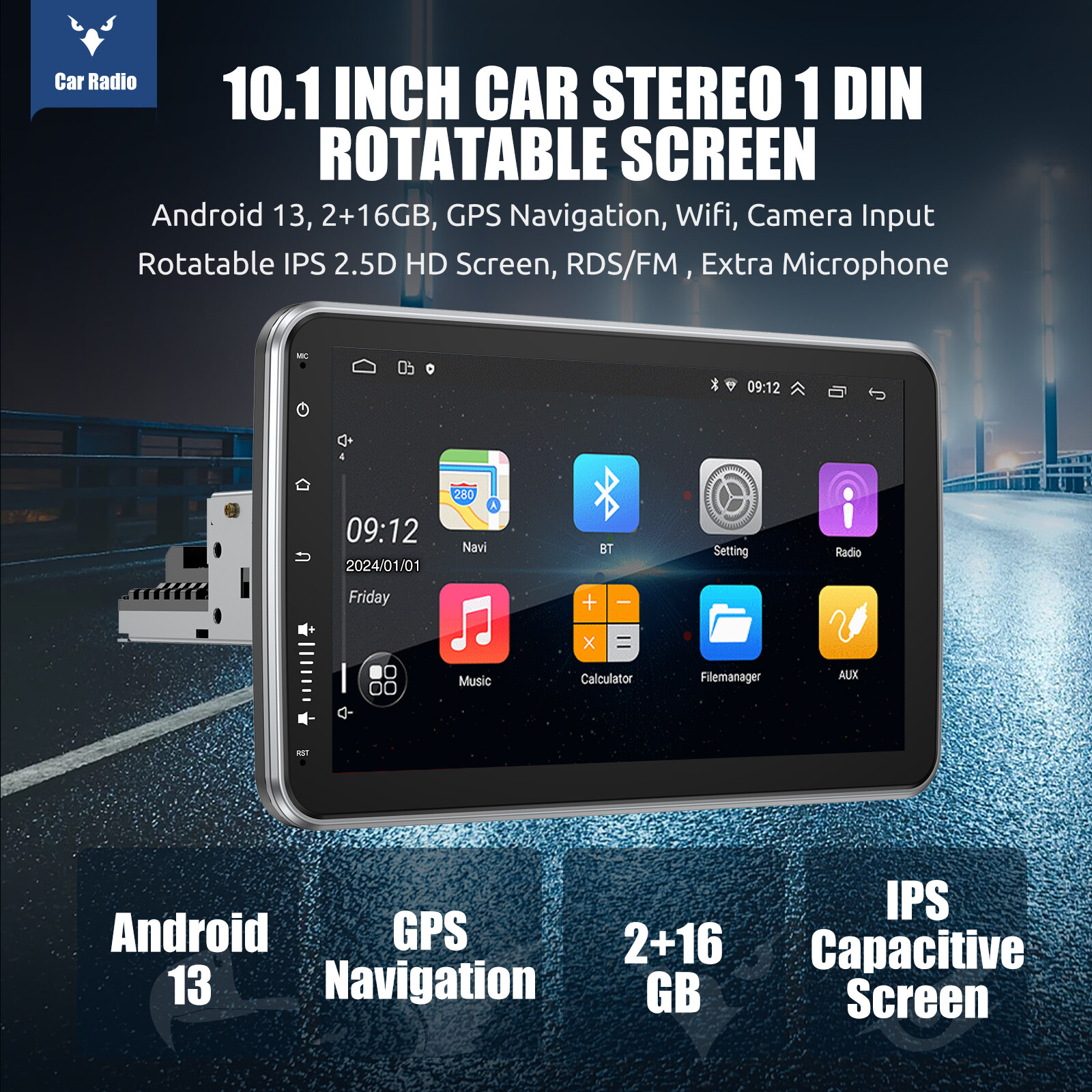 10.1” Android 12 Car Stereo HD Radio Rotatable TouchScreen GPS WiFi Single 1DIN