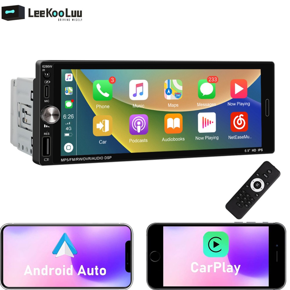 6.9” Single 1 Din USB Car Stereo Apple CarPlay touchscreen Bluetooth Radio SWC