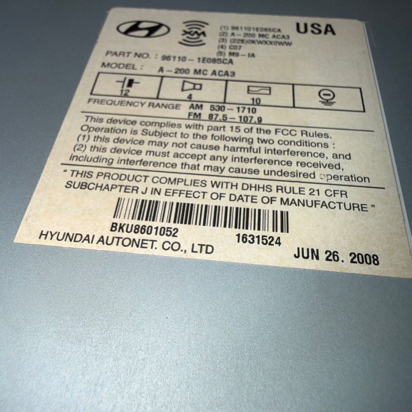Hyundai Autonet Radio CD MP3 XM Player OEM 96110-1E085CA Model A-200 MC ACA3