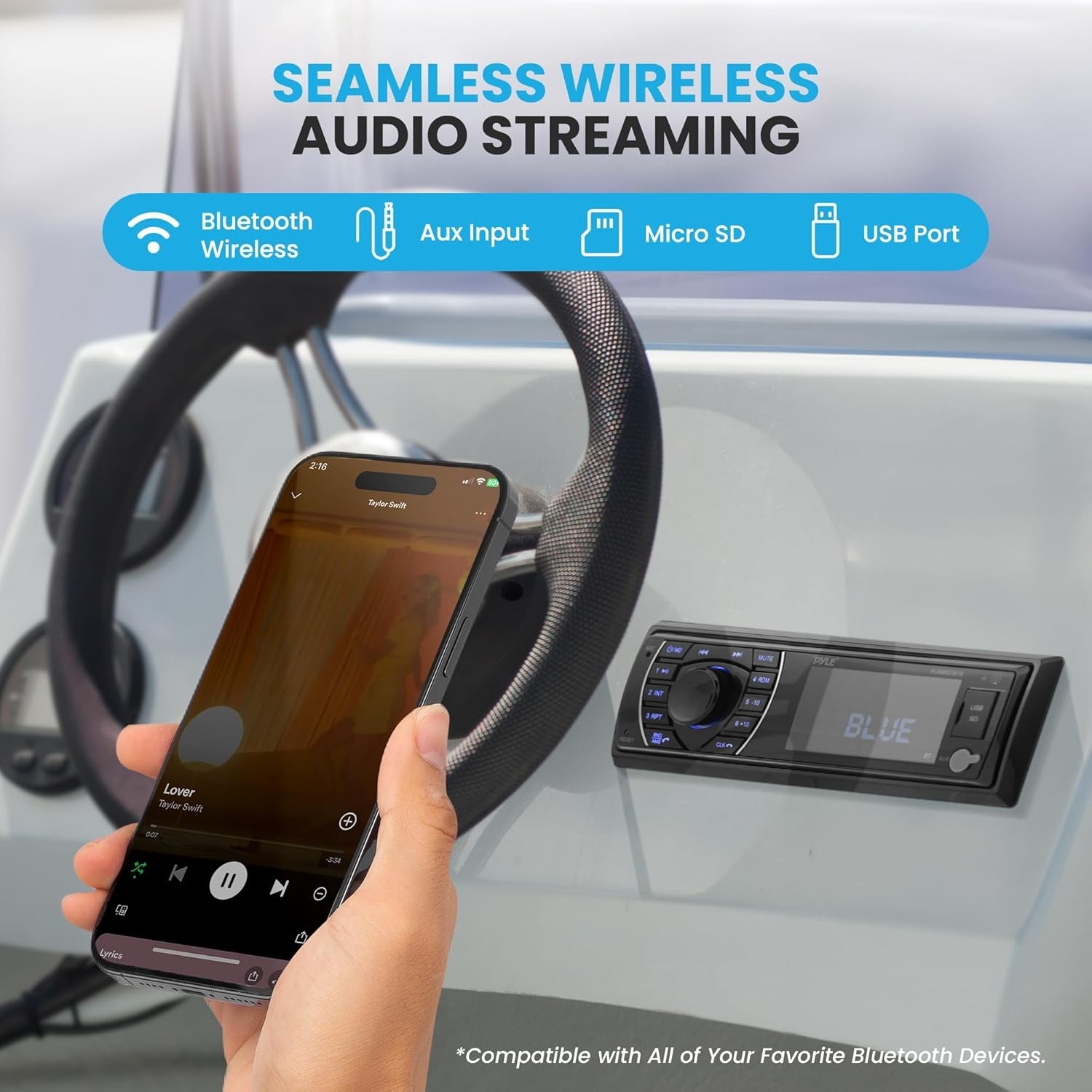300W Bluetooth Marine Stereo Receiver – Single DIN In-Dash AM/FM Radio with USB