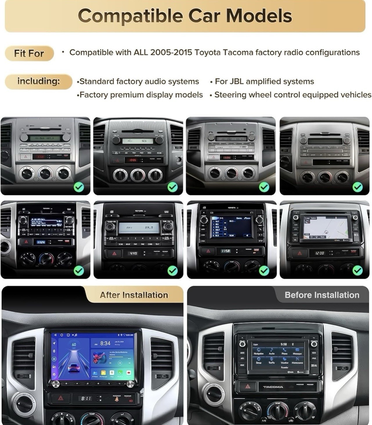 Car Stereo Radio 2005-2015 Tacoma QLED Wireless CarPlay Android Auto 2GB 64GB