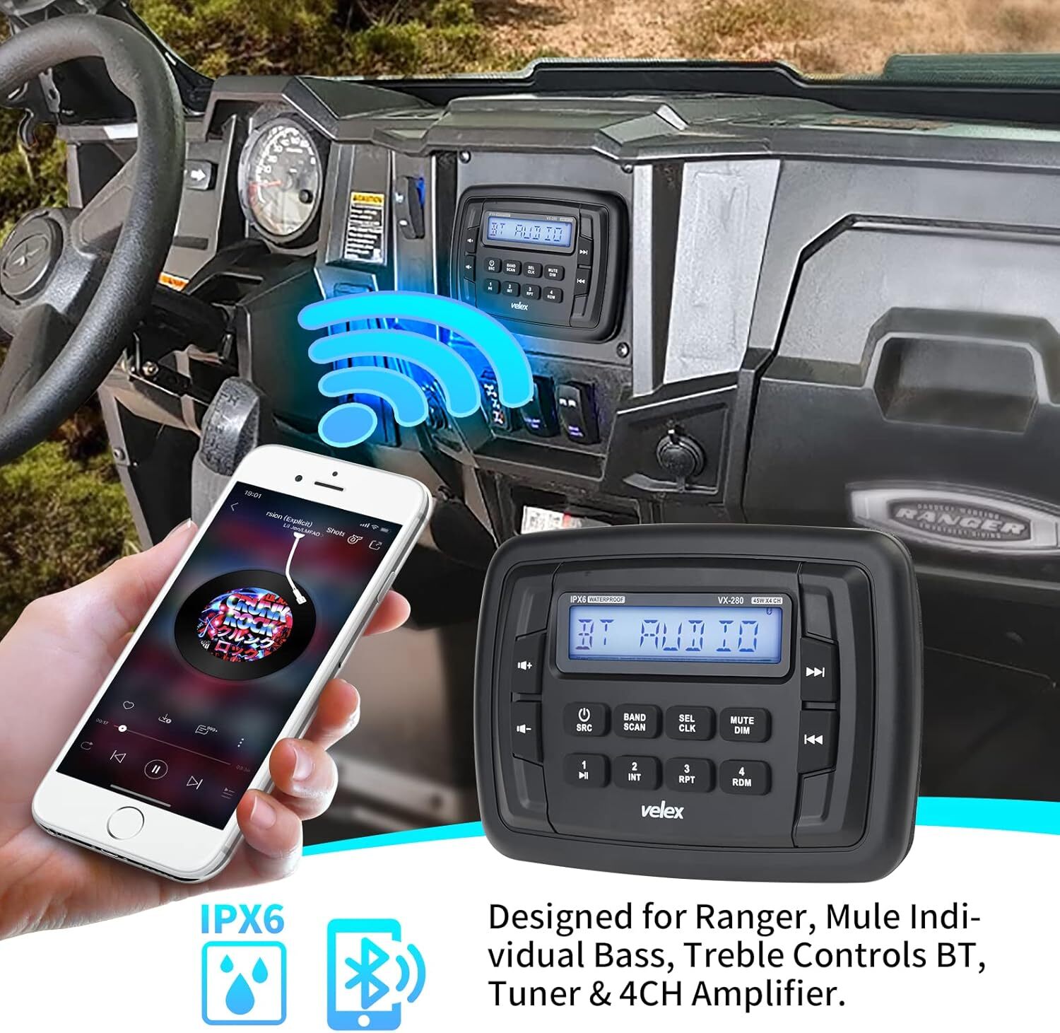Velex Marine Bluetooth Streaming Stereo Radio AM FM Tuner 4-Channel x 45W