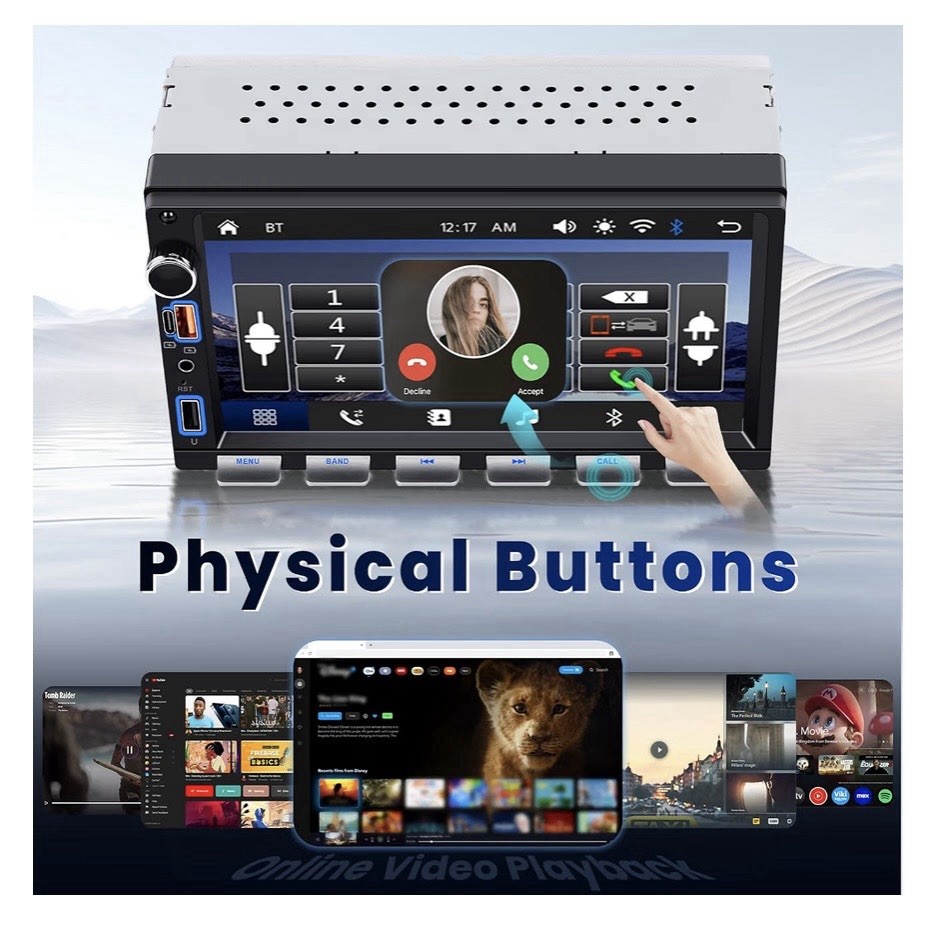 Double Din 7 Inch Car Stereo with Wireless Carplay & Android Auto Backup Camera