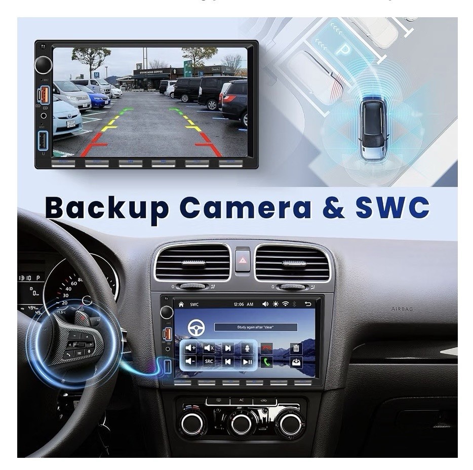 Double Din 7 Inch Car Stereo with Wireless Carplay & Android Auto Backup Camera
