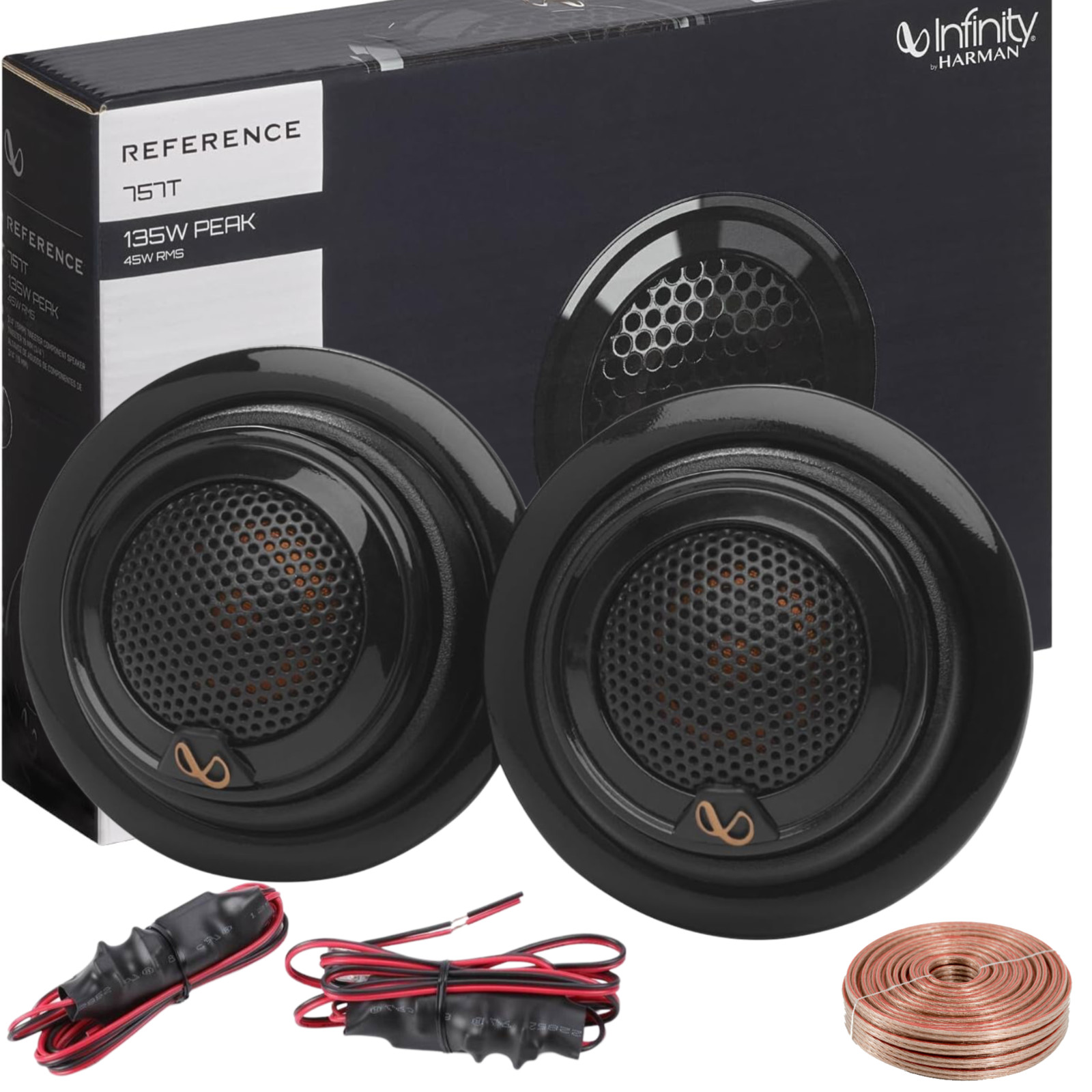 Infinity 135W REF757T 3/4″ Car Tweeters Flush Mount + 2 crossover & 100ft wire