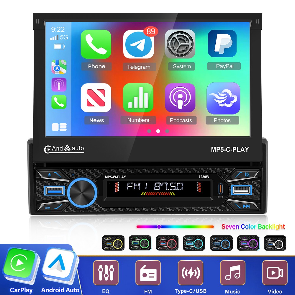 7″ Single 1DIN Car Stereo electric CarPlay Touch Screen USB MP5 Player Flip Out