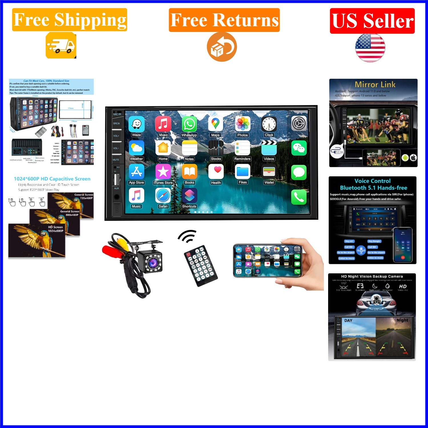 7-Inch Double Din Bluetooth Car Stereo with Backup Camera & Touchscreen